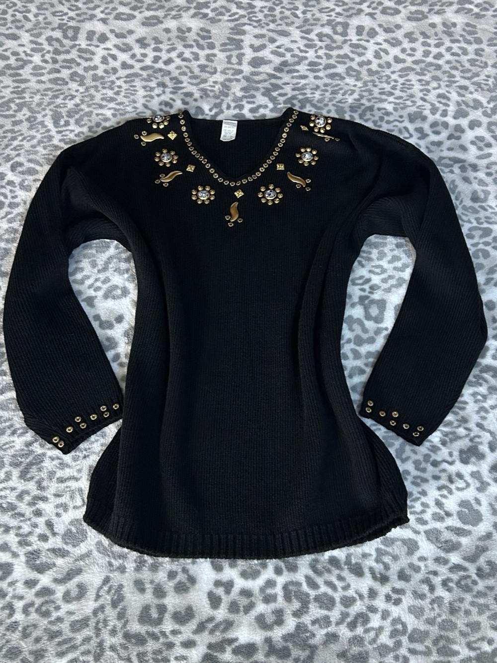 Vintage Embellished Black Sweater with Gold Stud Neckline